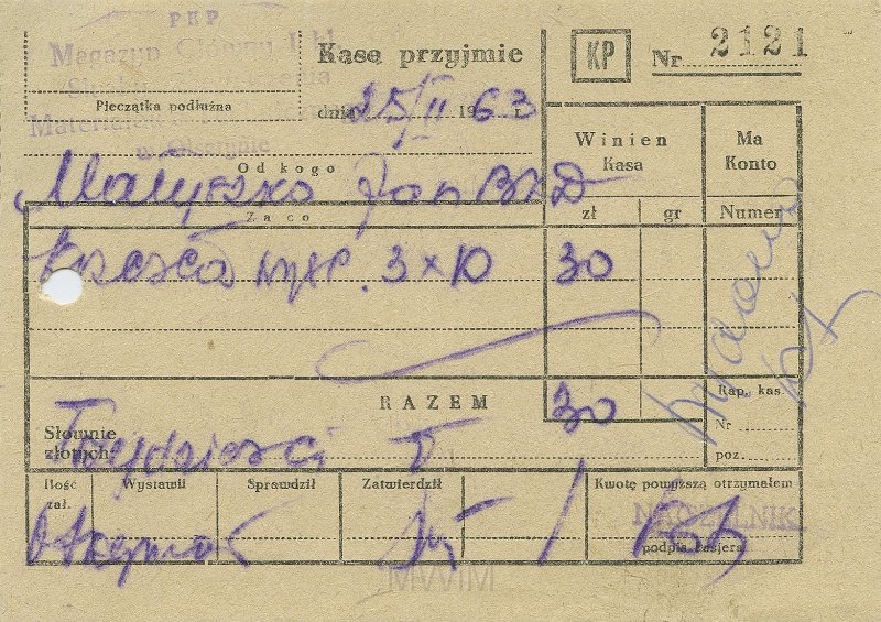 KKE 5446-1.jpg - Dok. Wpłata od Jana Małyszko, Ostróda, 1963 r.